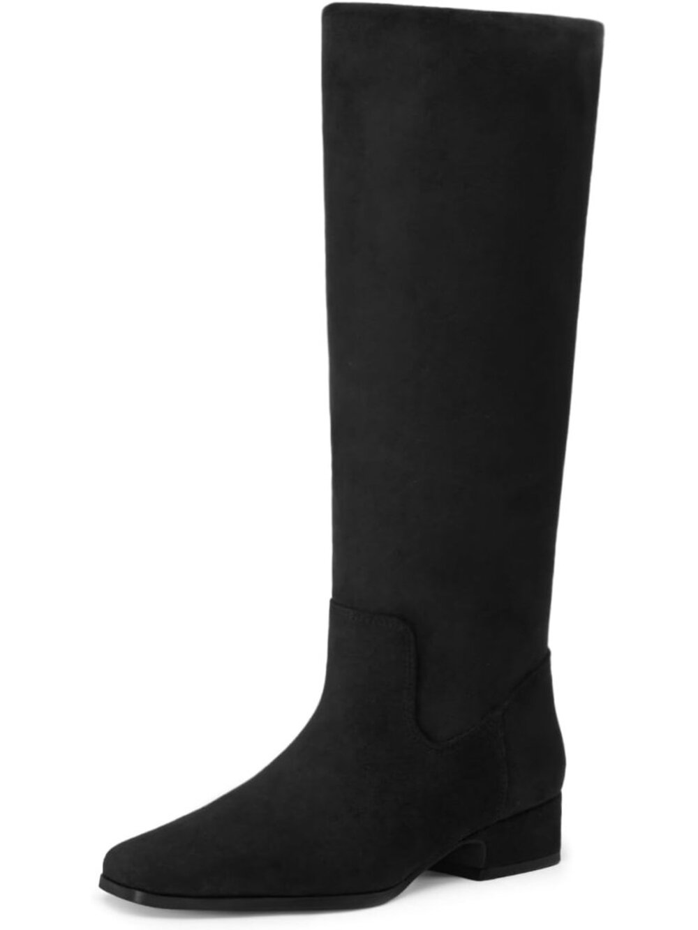 Women's Black Faux Suede Flat Chunky Low Heel Stretchy Shaft Knee High Boots